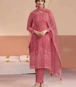 Peach siffon semi stitched suit with embroidery & sequence work