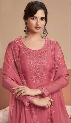 Peach siffon semi stitched suit with embroidery & sequence work 2