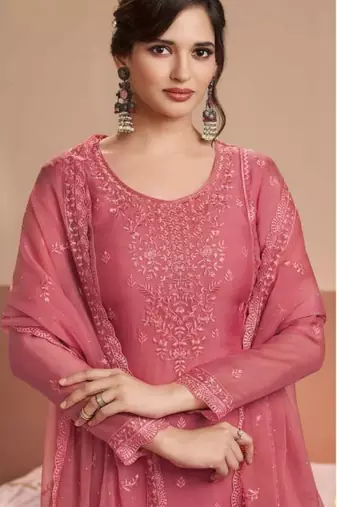 Peach siffon semi stitched suit with embroidery & Sequin work
