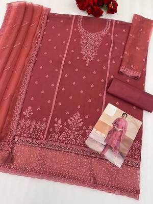 Peach siffon semi stitched suit with embroidery & sequence work 3
