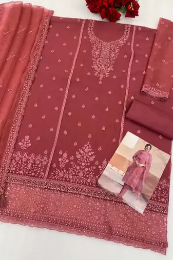 Peach siffon semi stitched suit with embroidery & Sequin work