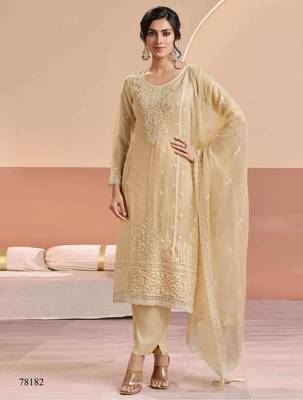 Beige siffon semi stitched suit with embroidery & sequence work 1