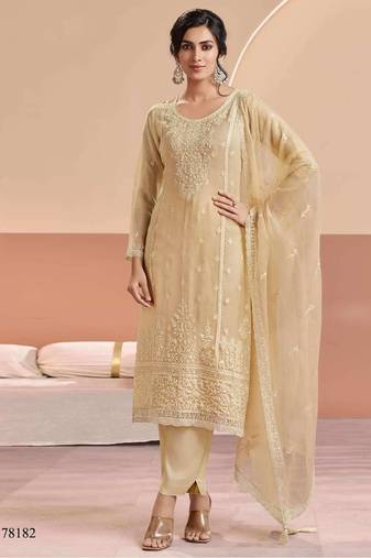 Beige siffon semi stitched suit with embroidery & sequence work