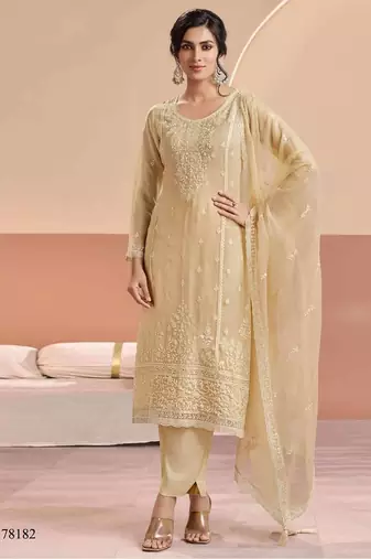 Beige siffon semi stitched suit with embroidery & Sequin work