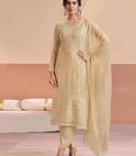 Beige siffon semi stitched suit with embroidery & sequence work