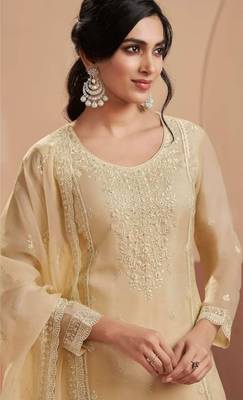 Beige siffon semi stitched suit with embroidery & sequence work 2