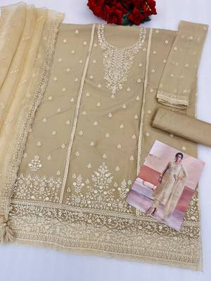 Beige siffon semi stitched suit with embroidery & sequence work 3
