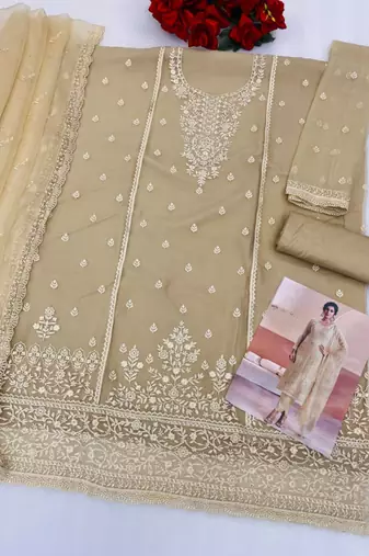 Beige siffon semi stitched suit with embroidery & Sequin work