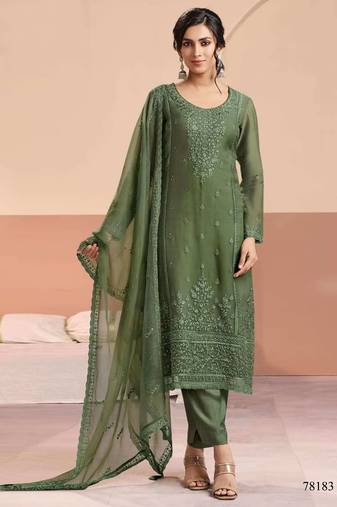 Mehendi siffon semi stitched suit with embroidery & sequence work