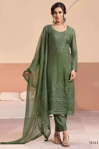 Mehendi siffon semi stitched suit with embroidery & Sequin work
