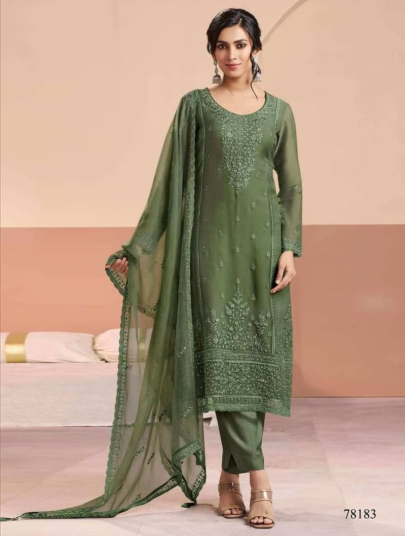 Mehendi siffon semi stitched suit with embroidery & sequence work