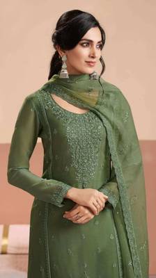 Mehendi siffon semi stitched suit with embroidery & sequence work 2