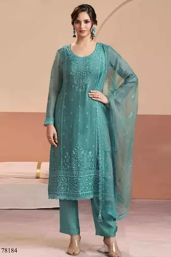 Blue siffon semi stitched suit with embroidery & sequence work