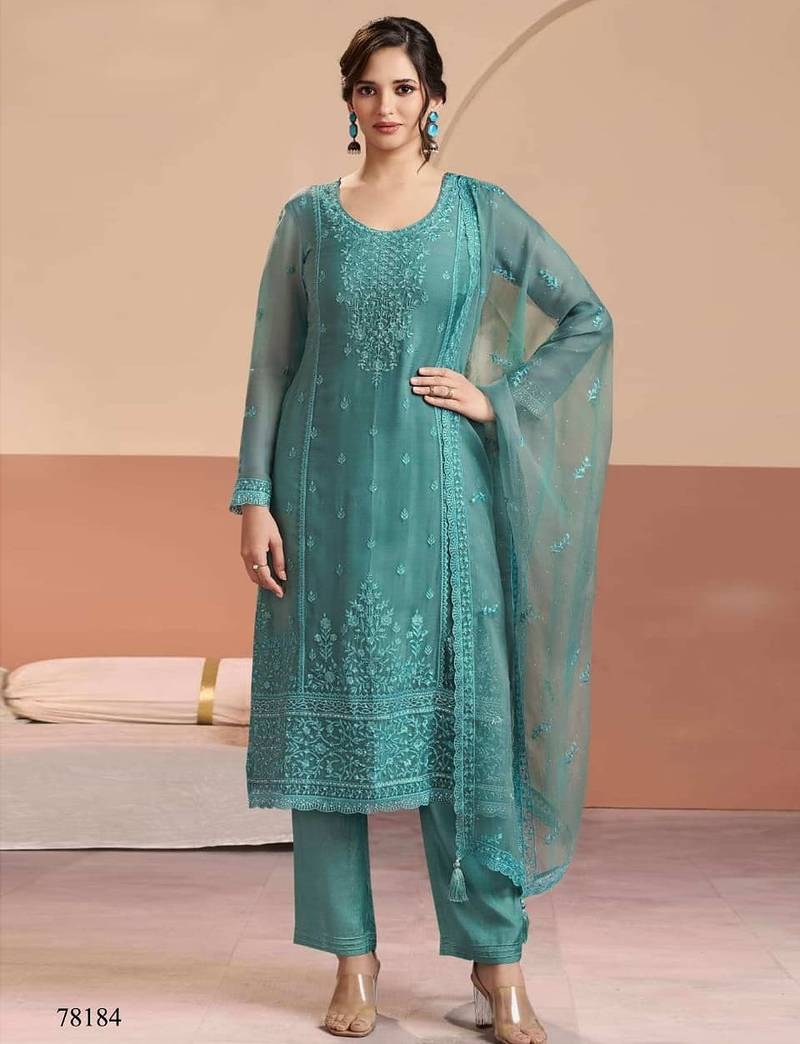 Blue siffon semi stitched suit with embroidery & sequence work