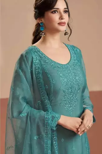 Blue siffon semi stitched suit with embroidery & sequence work