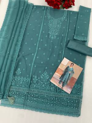 Blue siffon semi stitched suit with embroidery & sequence work 3
