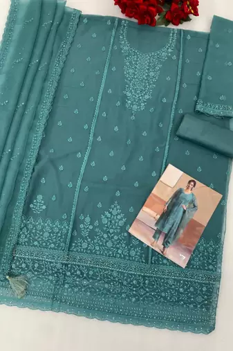 Blue siffon semi stitched suit with embroidery & sequence work