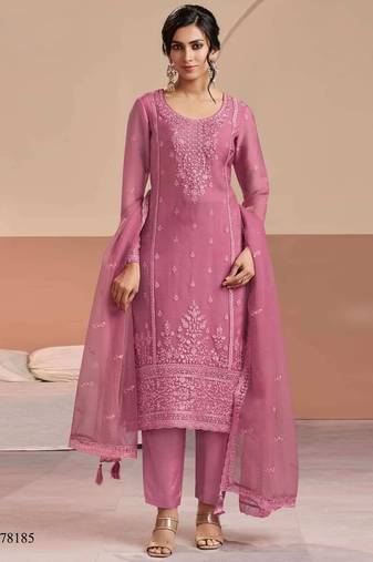 Pink siffon semi stitched suit with embroidery & sequence work