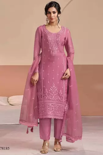 Pink siffon semi stitched suit with embroidery & Sequin work