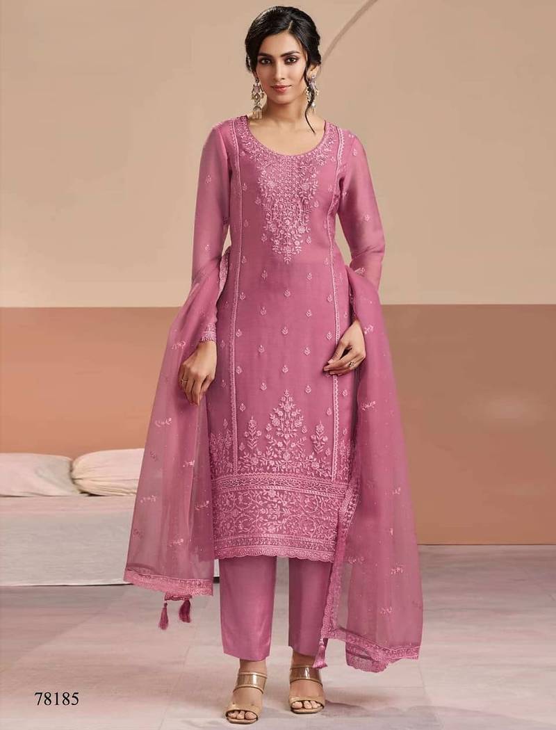 Pink siffon semi stitched suit with embroidery & sequence work