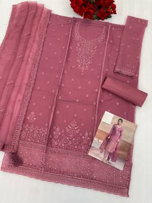 Pink siffon semi stitched suit with embroidery & sequence work 2