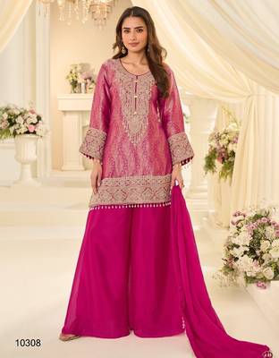 Magenta silk blend readymade suit with embroidery & beads work 1