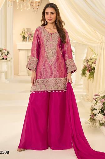 Magenta silk blend readymade suit with embroidery & beads work