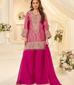 Magenta silk blend readymade suit with embroidery & beads work
