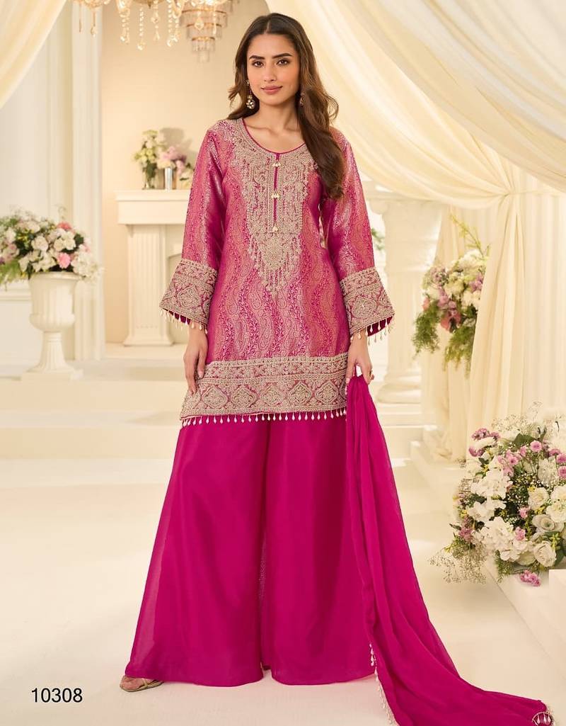 Magenta silk blend readymade suit with embroidery & beads work