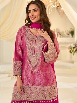 Magenta silk blend readymade suit with embroidery & beads work 2