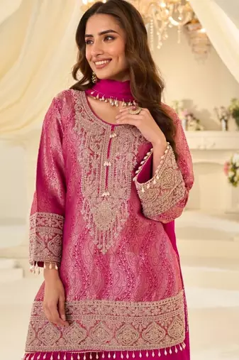 Magenta silk blend readymade suit with embroidery & beads work