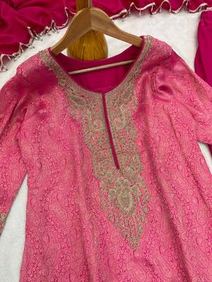 Magenta silk blend readymade suit with embroidery & beads work 3