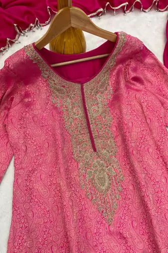 Magenta silk blend readymade suit with embroidery & beads work