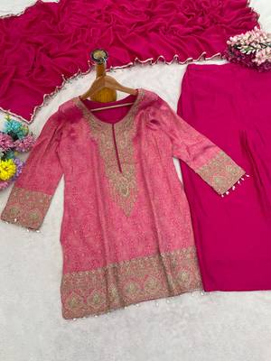 Magenta silk blend readymade suit with embroidery & beads work 4