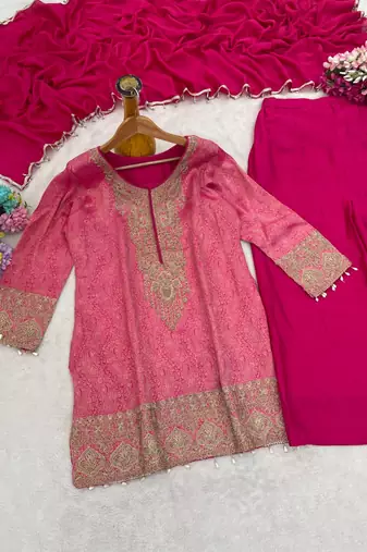 Magenta silk blend readymade suit with embroidery & beads work