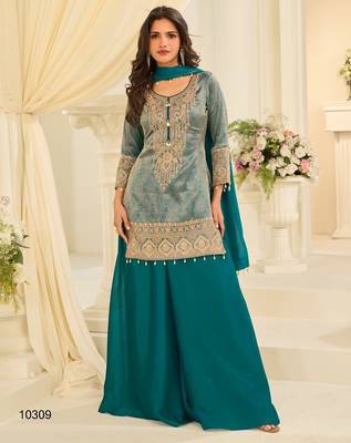 Blue silk blend readymade suit with embroidery & beads work 1