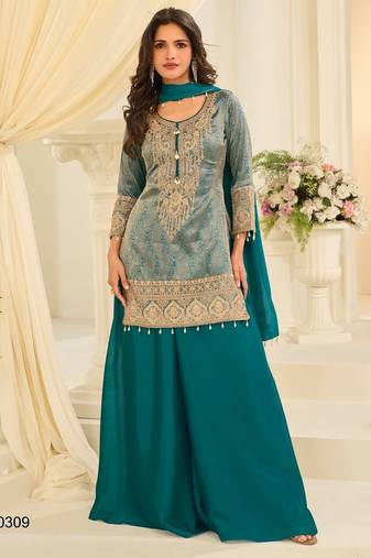 Blue silk blend readymade suit with embroidery & beads work
