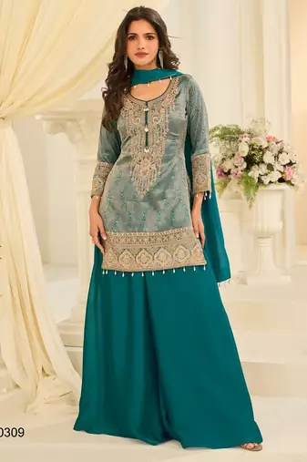 Blue silk blend readymade suit with embroidery & beads work