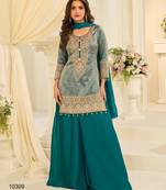 Blue silk blend readymade suit with embroidery & beads work