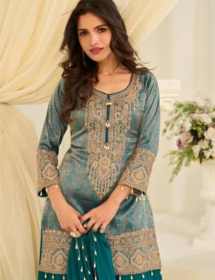 Blue silk blend readymade suit with embroidery & beads work 2