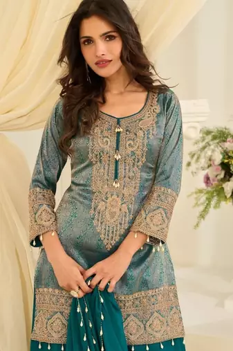 Blue silk blend readymade suit with embroidery & beads work