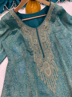 Blue silk blend readymade suit with embroidery & beads work 3