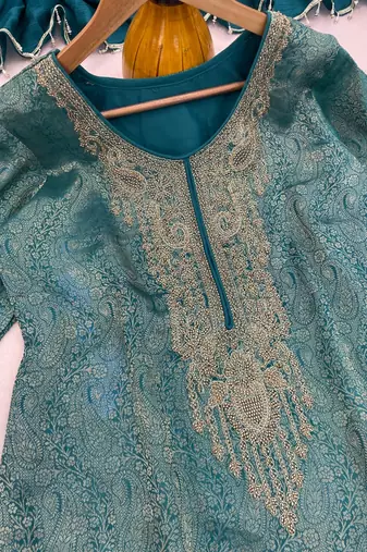 Blue silk blend readymade suit with embroidery & beads work