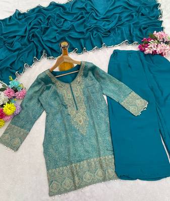 Blue silk blend readymade suit with embroidery & beads work 4