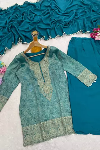 Blue silk blend readymade suit with embroidery & beads work
