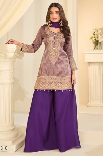 Purple silk blend readymade suit with embroidery & beads work