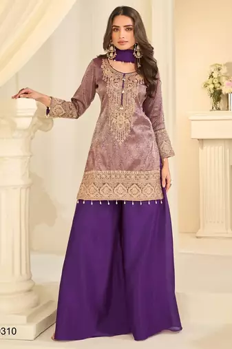 Purple silk blend readymade suit with embroidery & beads work