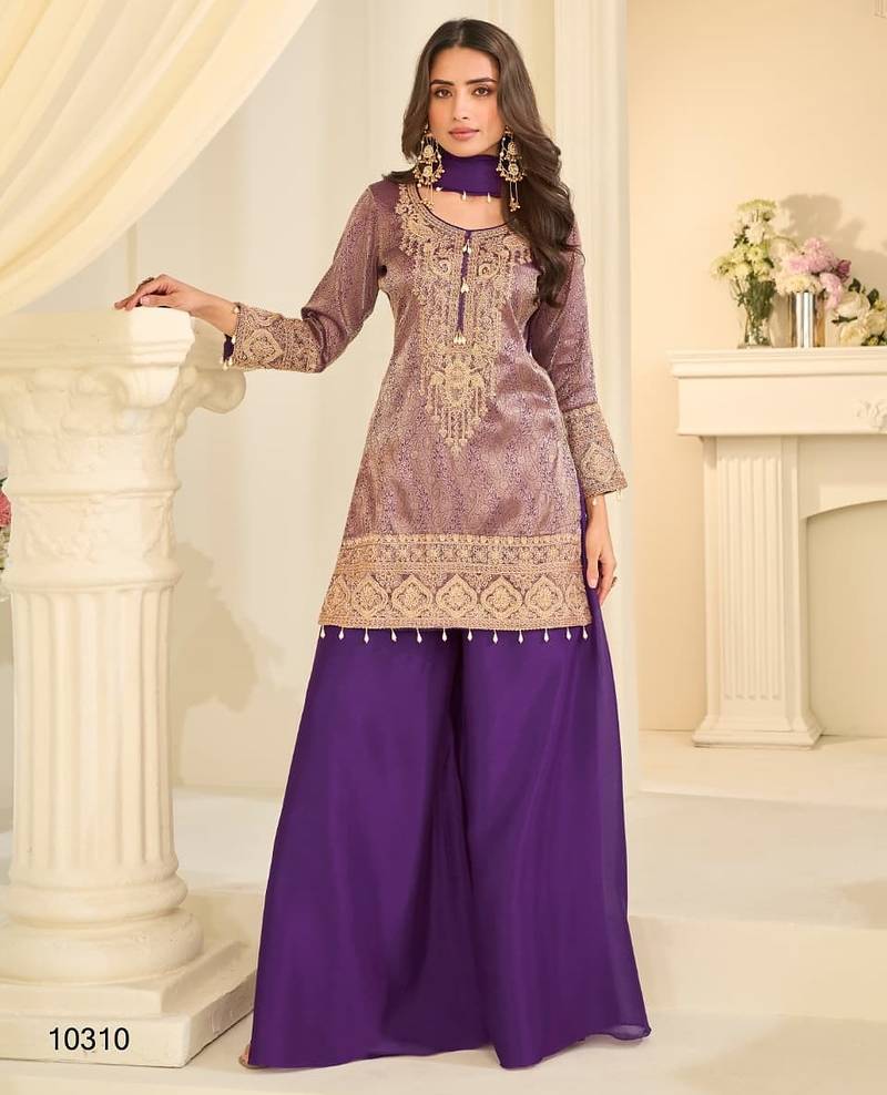 Purple silk blend readymade suit with embroidery & beads work