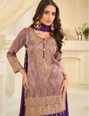 Purple silk blend readymade suit with embroidery & beads work 2