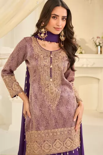 Purple silk blend readymade suit with embroidery & beads work